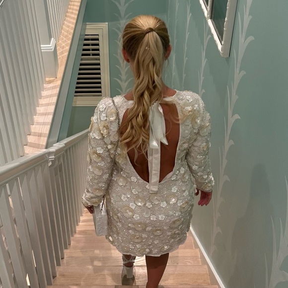 Revolve long sleeve 3D bead and sequin flower white bridal dress - size small - Picture 2 of 3